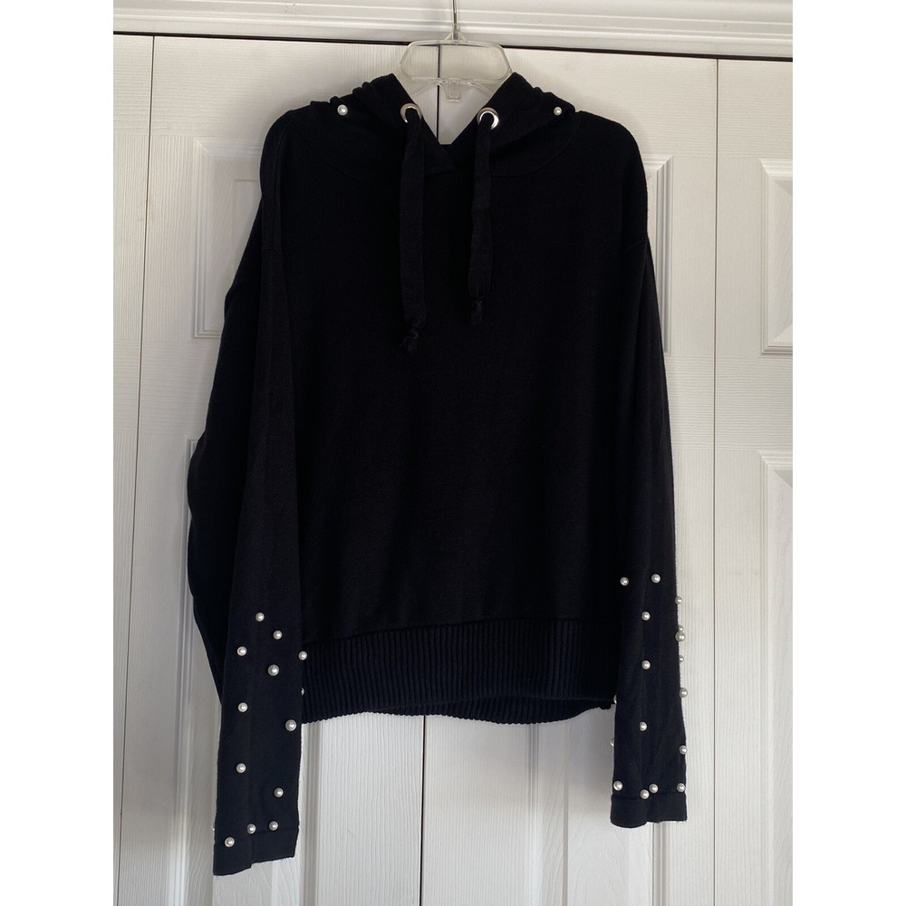 Sweater Black Hooded Faux Pearl Embellishments K. Jordan Drawstring Sz Med